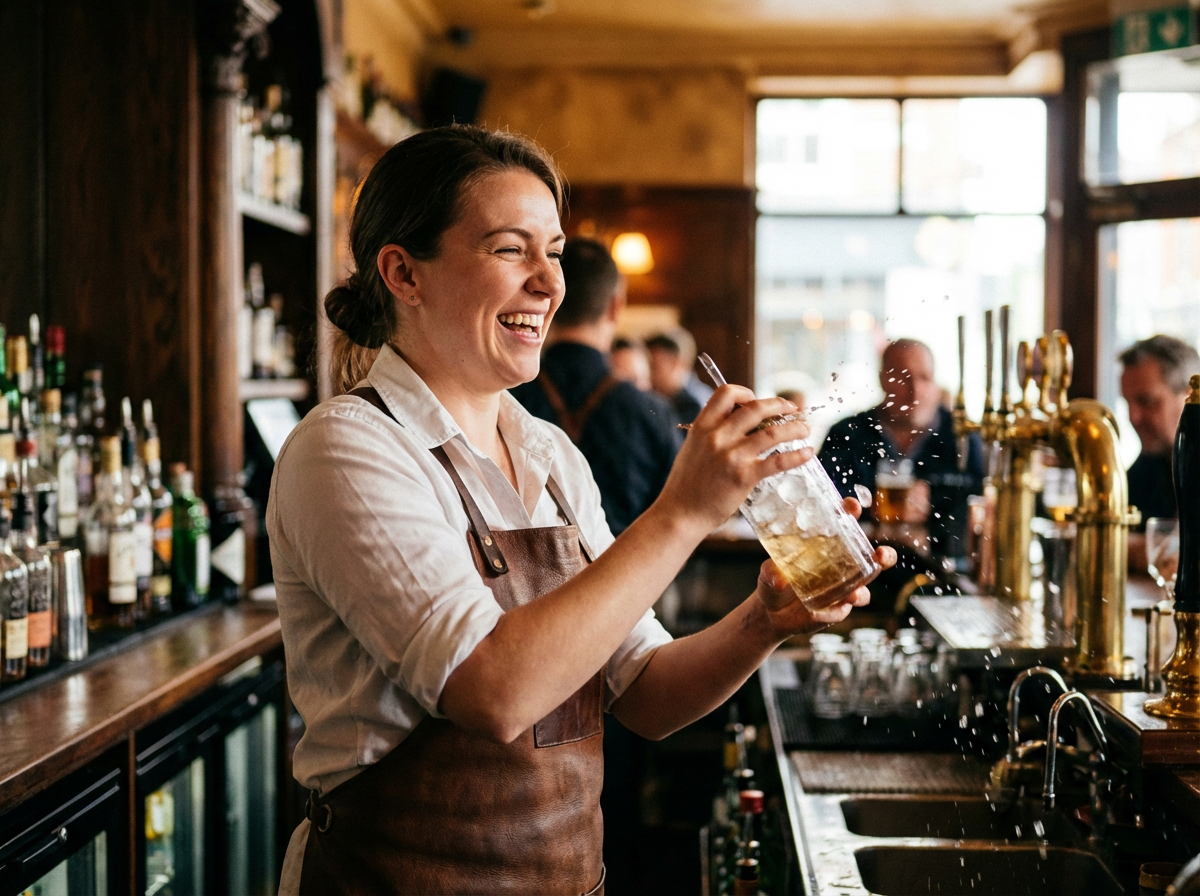 Barkeeperin mixt Cocktail bei Bar-Schulung Hamburg - Professionelle Getränkezubereitung