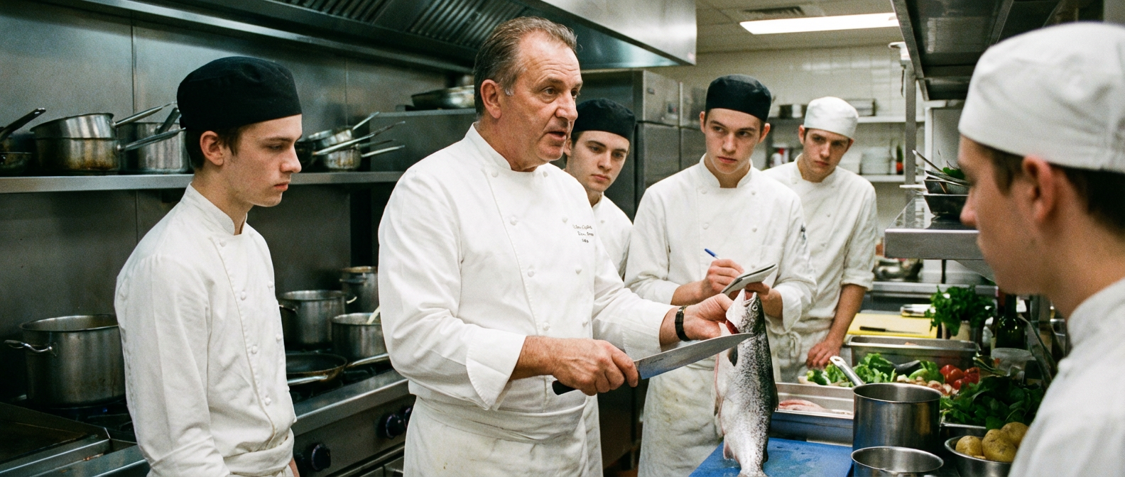 Chefkoch erklärt Fischzubereitung bei Küchen-Schulung Hamburg - Professionelle Kochausbildung