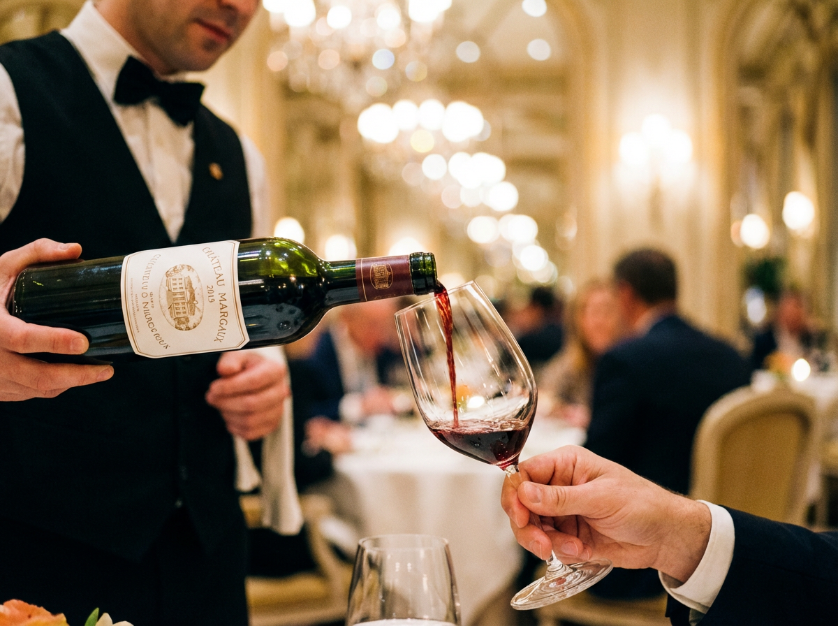 Professioneller Weinservice - Kellner schenkt Rotwein ein bei Service-Schulung Hamburg