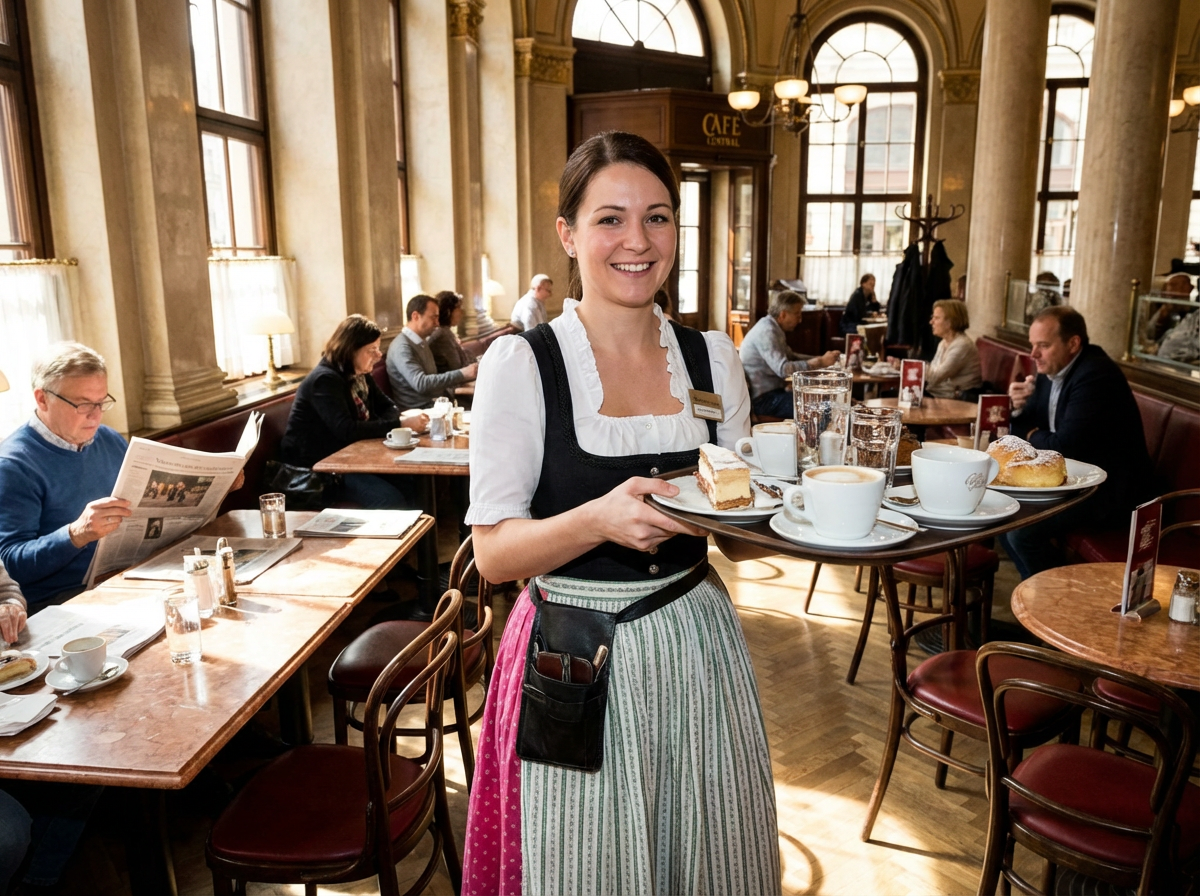 Professionelle Servicekraft im Café serviert Kaffee und Kuchen - Gastro-Personal Hamburg